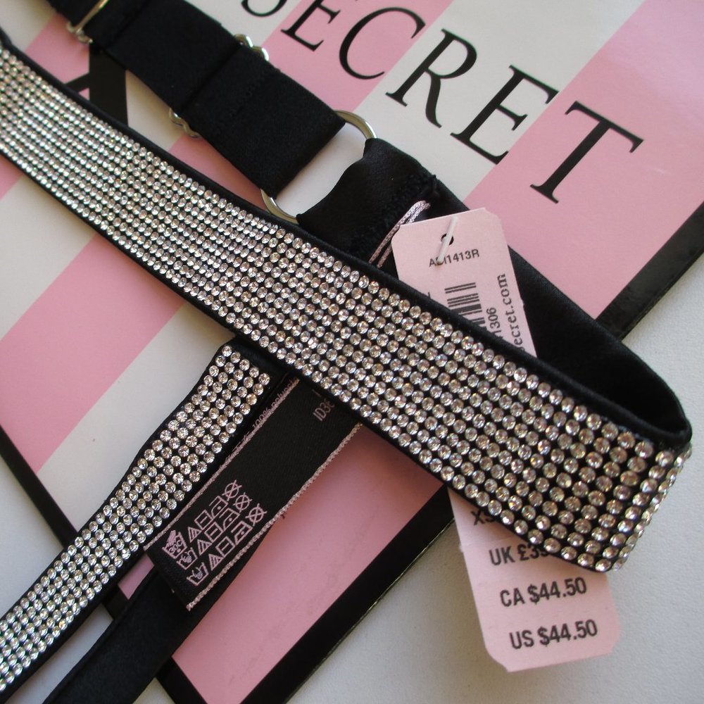 VICTORIA'S SECRET VERY SEXY Black Garter Belt Rhinestone Shine Strap XS/S M/L VS